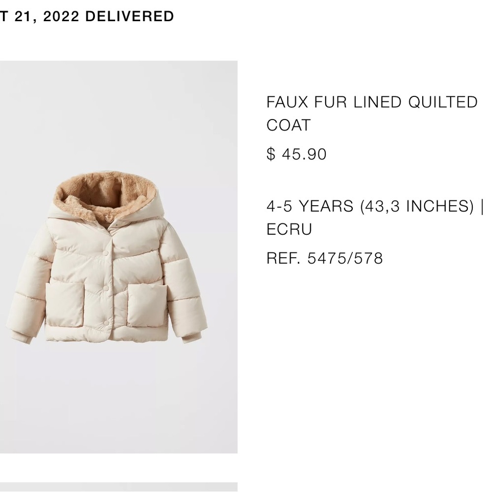 Zara Ecru Faux Fur Lined Quilted Puffer Coat
